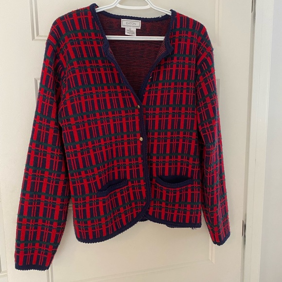 Eaton button down plaid cardigan vintage - Picture 2 of 11